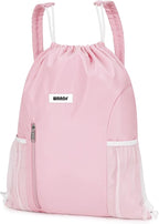 WANDF Drawstring Backpack with Shoulder Pad Sports Gym Backpack with Mesh Pocket String Bag for Women Men(Pink)