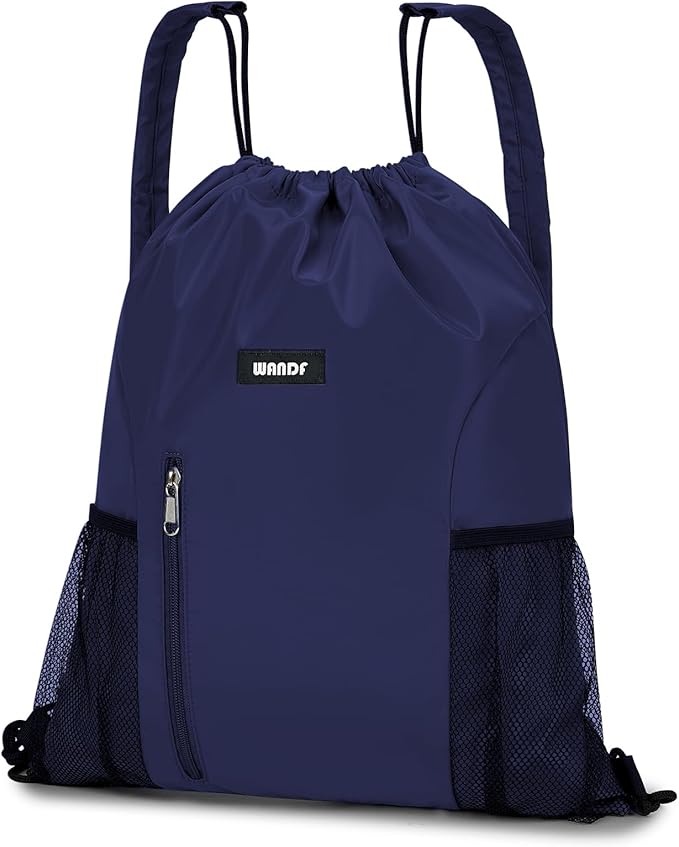 WANDF Drawstring Backpack with Shoulder Pad Sports Gym Backpack with Mesh Pocket String Bag for Women Men (Navy Blue)