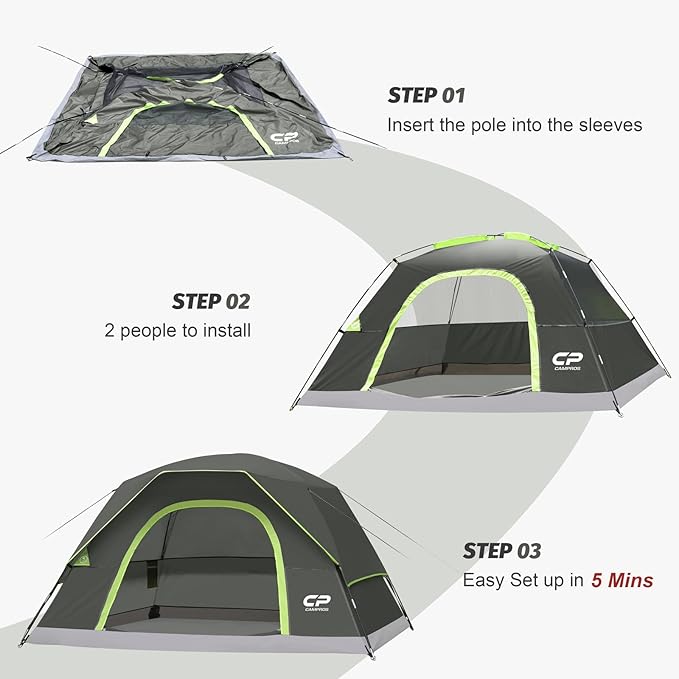 CAMPROS CP Camping Tent 2/4/6 Person, Waterproof Windproof Double Layer Dome Tent, Easy Setup with Large Mesh Windows & Wide Door for Outdoor Camping Backyard