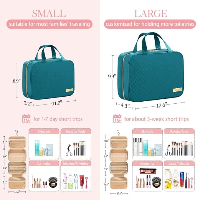 HOTOR Travel Toiletry Bag w/Hanging Hook - Spacious Toiletry Bag Essentials for Women & Men, Makeup Bag/Big Comparment, Waterproof for Travel Accessories, Medium, Teal