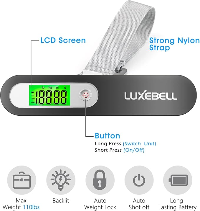 Digital Luggage Scale Vacation Travel Essentials Accessories Gifts for Traveler Portable Suitcase Handheld Weight Scale 110 lbs Hanging Baggage Travel Must Haves
