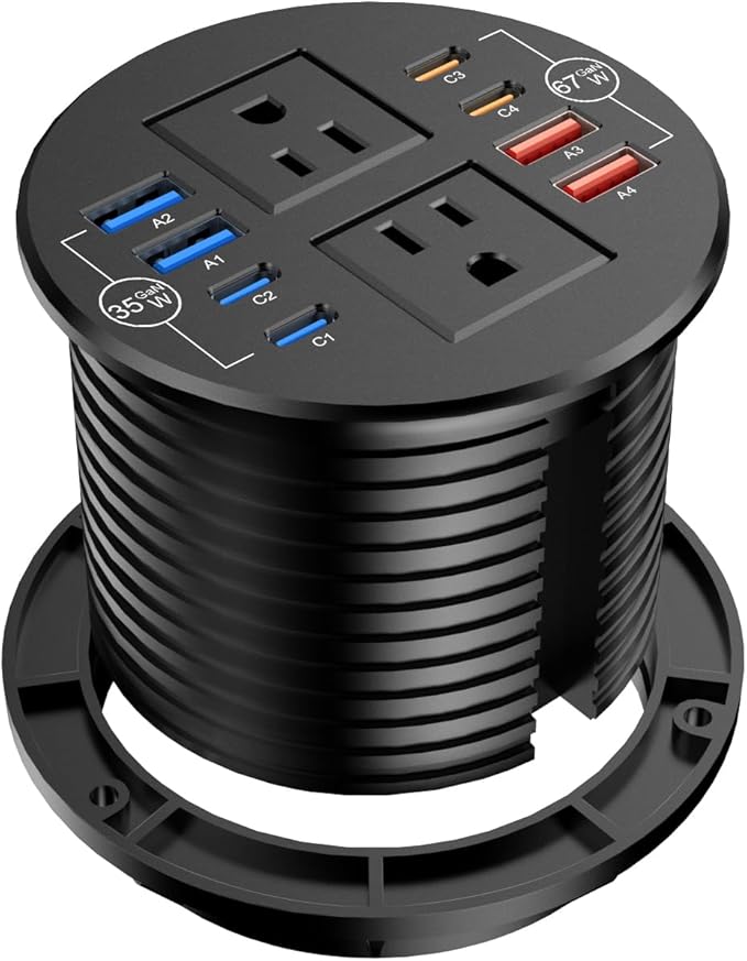 102W Recessed Power Grommet with 8 USB Ports, 3.15 inch Desk Grommet Power Strip for Conference Rooms, Office Tables, Furniture, 6FT Cord