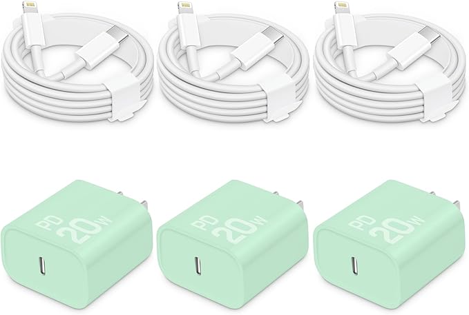 CXX Fast Charger for iPhone [3-Pack, MFi Certified], 20W USB-C PD Block with 6Ft Charging Cable Compatible with iPhone 14/13/12/11/Pro Max & iPad (Green)
