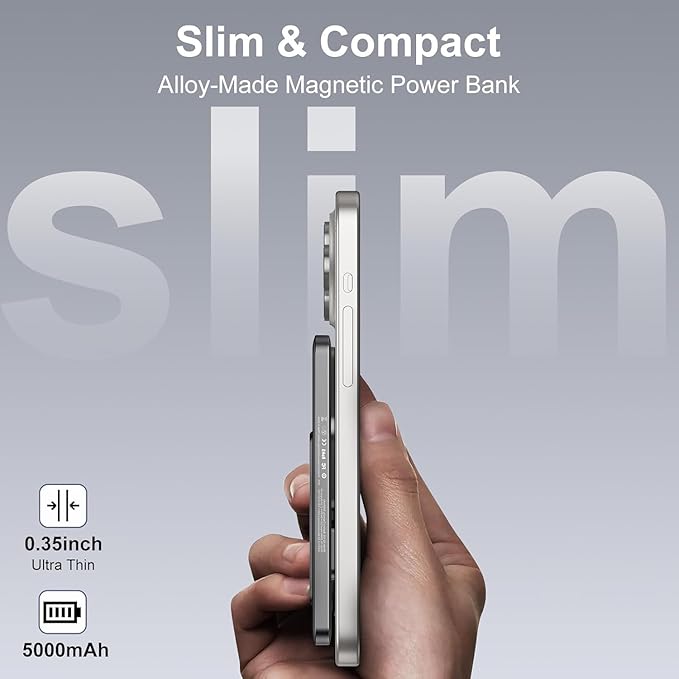SIXTHGU Magnetic Slim Portable Charger with Stand, 5000mAh Wireless Power Bank[Alloy-Made], PD 20W Fast Charging Compatible with iPhone 16/15/15 Pro/15 Pro Max,for iPhone 14/13/12 Series