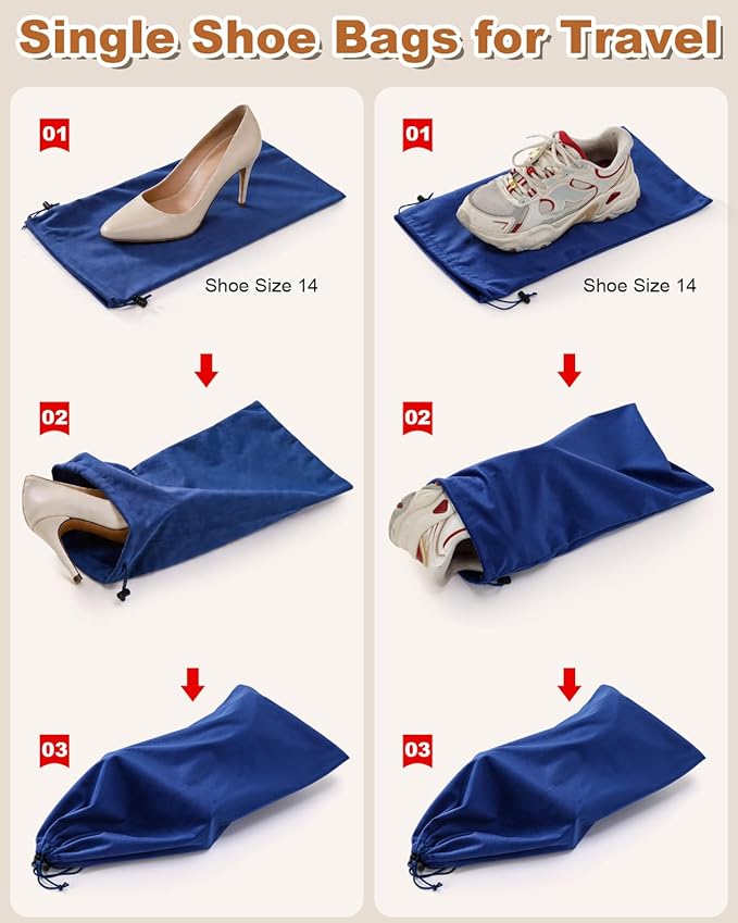 4 Pcs Single Shoe Bags for Travel, 17.3"x8.6" Washable Travel Shoe Bags for Packing in Suitcase, Velvet Dust Bag with Drawstring, Shoe Pouch for Women and Men, Travel and Home Storage (Palace Blue)