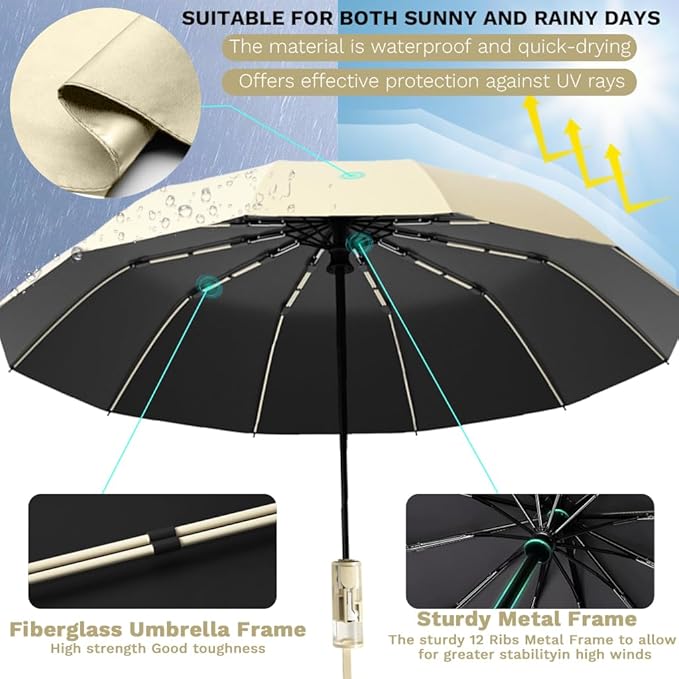 YINBAOGE Compact Travel Umbrella, Automatic Folding Windproof 12 Ribs, 42 Inch Canopy with UV Protection, Durable Lightweight Portable Parasol for Rain & Sun, Fits Car, Backpack, Men & Women