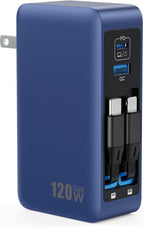 120W USB C Charger Block with 2 Built-in Retractable Cables,4-in-1 GaN IV Foldable Plug Wall Charger Fast Charging Station,PD 65W Laptop Adapter for Macbook/iPad,iPhone 17/16/15/14,Android (Dark Blue)