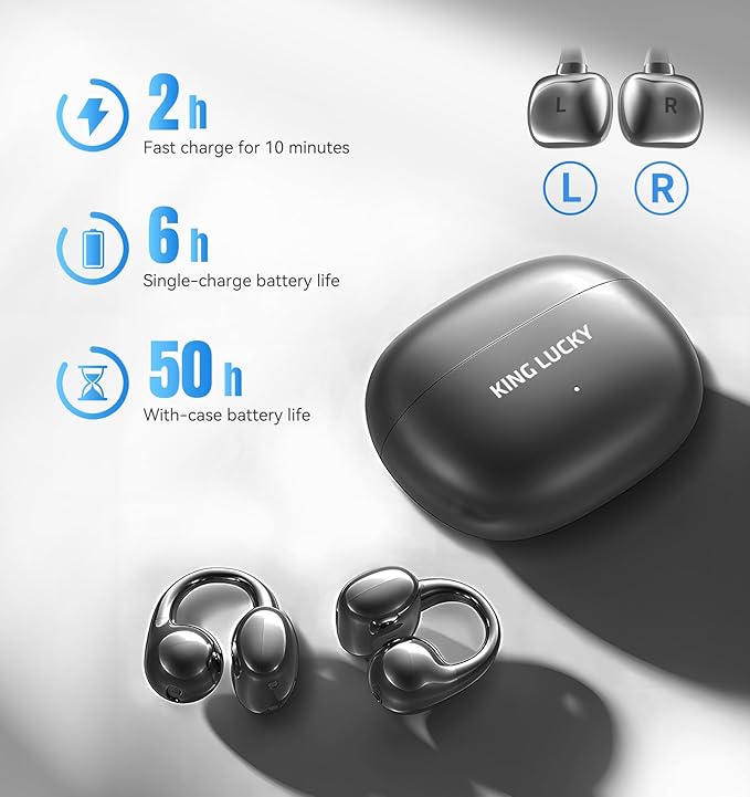 King Lucky Clip-On Earbuds Gen 3, Open-Ear Wireless Bluetooth 6.0 Headphones with Mic, Secure Fit for Small Ears & Glasses Wearers, 50H Playtime, ENC, IPX5 Waterproof Sport Ear Buds (Black)