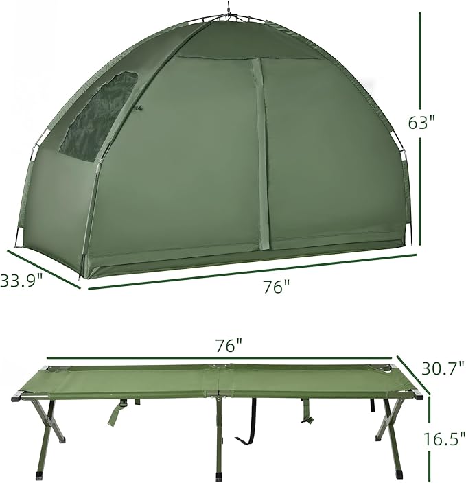 Outsunny Camping Tent Cot, Folding Tent Cot Combo with Mattress, Pillow, Sleeping Bag, Roller Carrying Bag, Off Ground Travel Camp Cot for Hiking, Backpacking