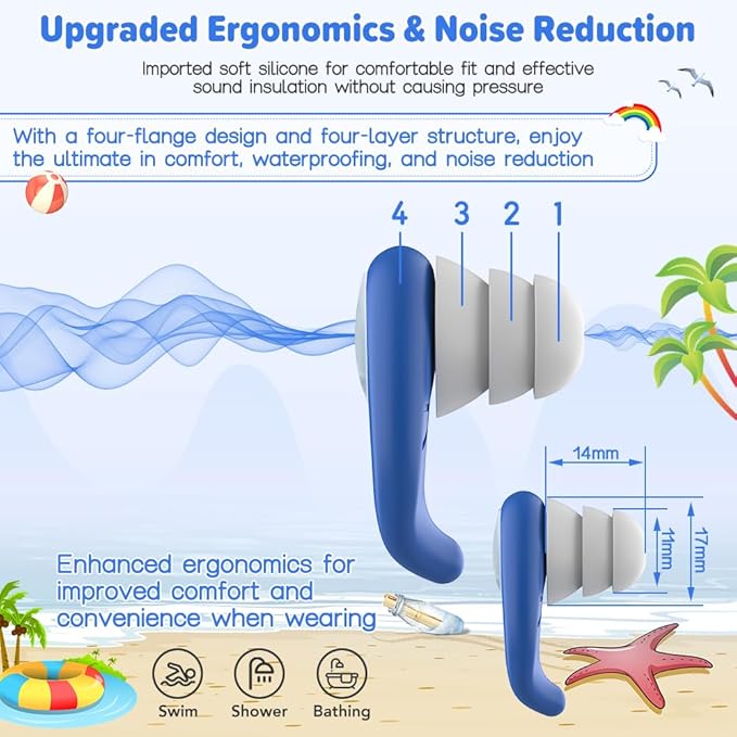 Waterproof Swimming Ear Plugs for Adults - 2 Pairs of Reusable Soft Silicone Swim Earplugs,Perfect for Surfing, Diving,Pool,Showering and Other Water Sports - Keep Water Out and Ear Protection