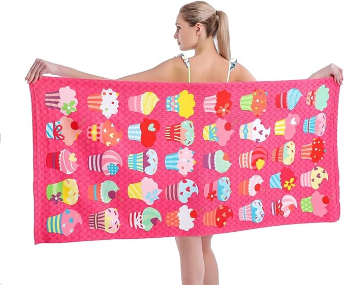 Microfiber Beach Towel Set Oversized Large Quick Dry Soft Thin Sand Free Cute Ice Cream Design 30×60 inch Beach Towels for Kids Women Men Pool Swim Beach Essentials Accessories - Pink