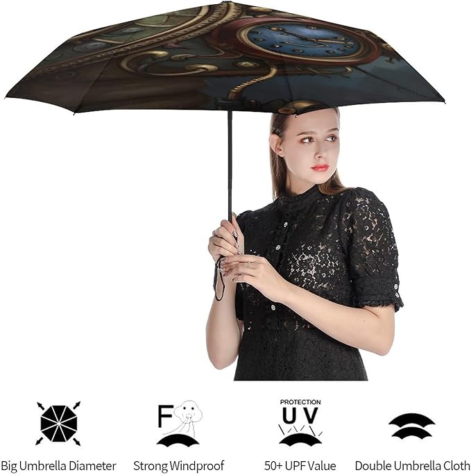 AMRANDOM Travel Folding Umbrella Automatic Open Tri-Fold For Car Rain Outdoor Use For Car Rain Outdoor Use With Black Anti-Uv Coating