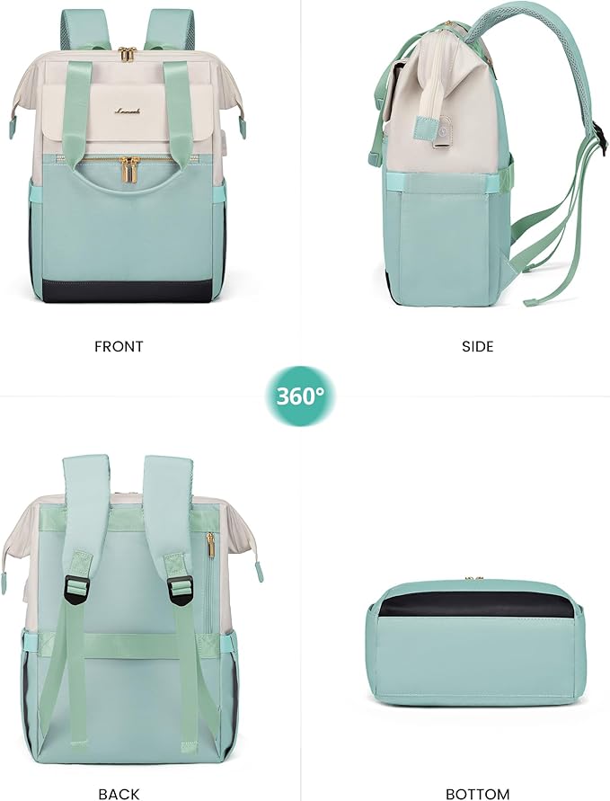 LOVEVOOK Laptop Backpack for Women, 15.6 Inch Work Laptop Bag with USB Port, Fashion Teacher Nurse Backpack Purse, Waterproof Travel Computer Backpack with Organizer Bag, 2PCS, Beige-Mint Green