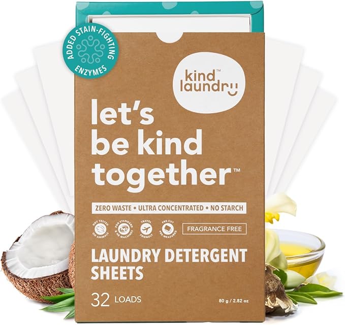 Kind Laundry Detergent Sheets – 32 Loads Fragrance Free, EWG Verified, No Residue After Wash, Eco Plastic-Free Liquidless Laundry Soap, Non-Toxic Formula, for Sensitive Skin, Travel & Dorm Friendly