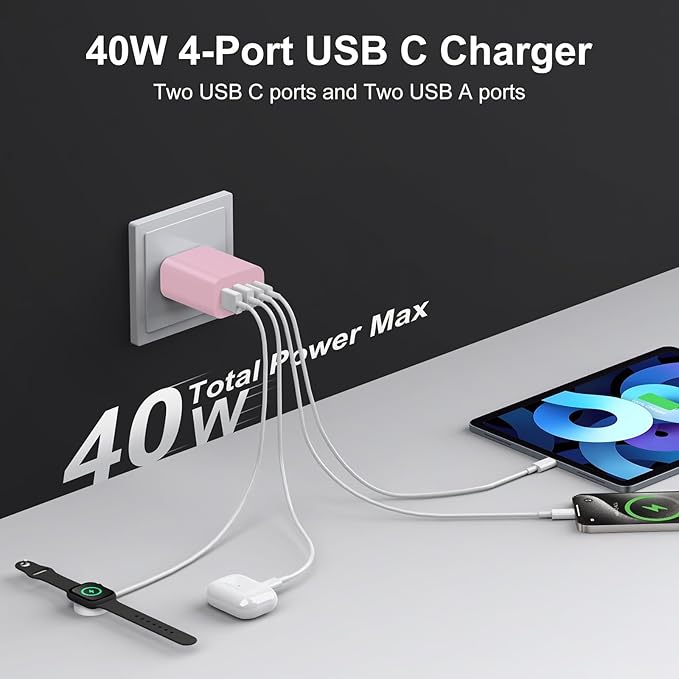 USB C Charger Block, 3-Pack 40W Wall Plug Fast Charging Block, Type C Charging Blocks Cube 4-Port PD + QC Power Adapter, Compatible with iPhone 17/16/15/14/13/12/11/Pro Max, Tablets（Pink）