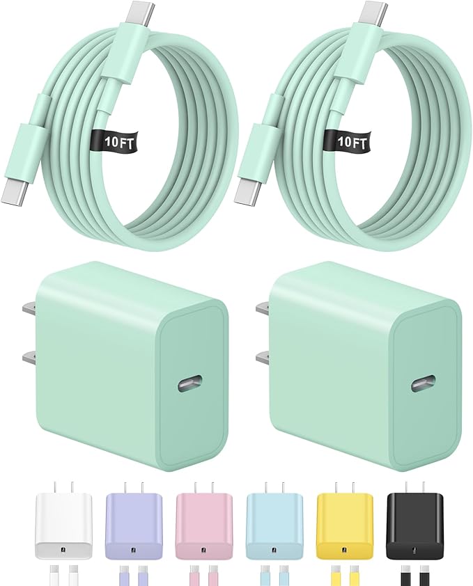 10FT iPhone 17 16 15 Charger Fast Charging USB C Charger Block Type C Chagrer Fast Charging 2-Pack for iPhone 17/17 Plus/17 Pro/17 Pro Max/iPhone 16/16 Plus/16 Pro/16 Pro Max/15/15 Pro Max(Green)