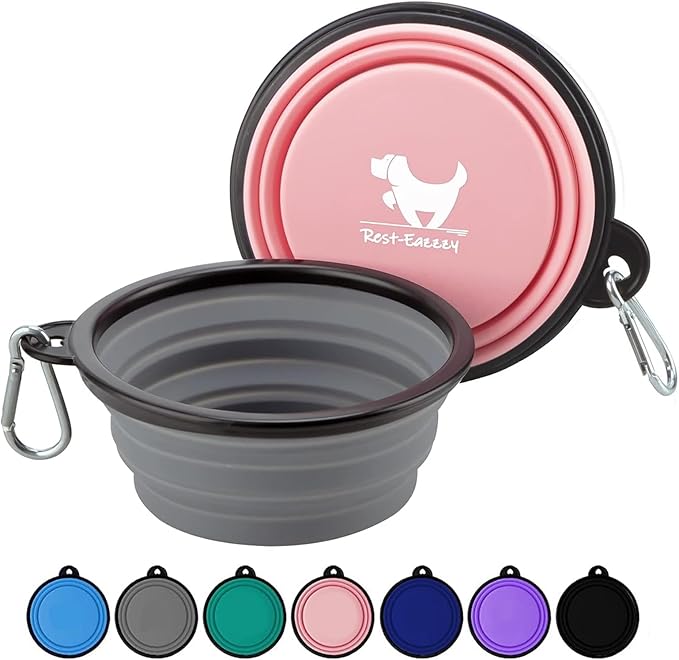 Collapsible Dog Bowls for Travel, 2-Pack Dog Portable Water Bowl for Dogs Cats Pet Foldable Feeding Watering Dish for Traveling Camping with Carabiners, BPA Free (Grey&Pink, Large)