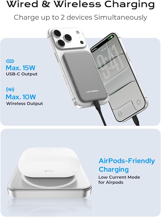 Aobbow Magnetic Portable Charger, 5000mAh Ultra Slim Power Bank, 15W Fast Charging for Magsafe Battery Pack, Travel Essential Wireless Charger Compatible with iPhone 17/16/15 Series - Space Gray