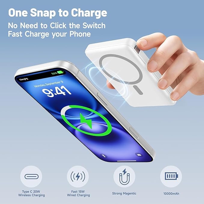 for Magsafe Power Bank, 10000mAh Magnetic Power Bank with USB-C Cable and PD 20W USB C Fast Charging LED Display, Wireless Portable Charger for iPhone 17/16/15/14/13/12/Pro/Pro Max