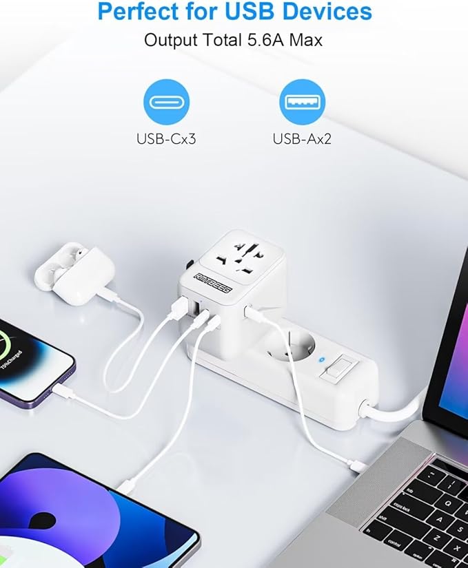 Universal Travel Adapter, International Power Plug Adapter with 3 USB-C & 2 USB-A Ports, All-in-One Worldwide Wall Charger for US EU UK AUS, Compatible with Type C/G/A/I Plugs for Travel