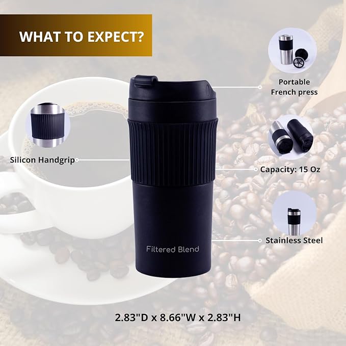 15oz Double Wall Stainless Steel Insulated French Press Coffee and Tea Maker - Portable Camping Mug and Tumbler - Heat Retaining, Leak-Proof, Travel-Friendly for Office and Outdoor Adventures (Black)