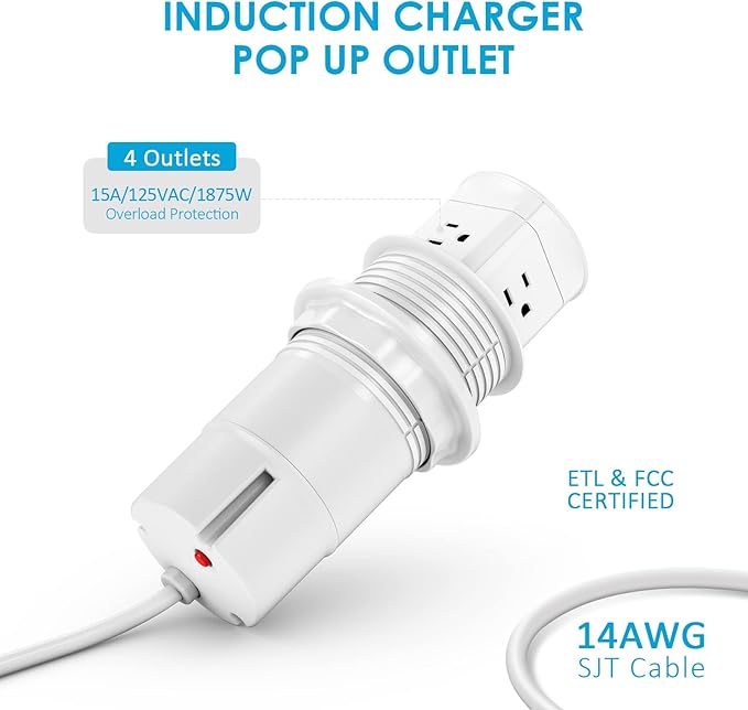 Jgstkcity Pop Up Outlet with 15W Wireless Charger,4 Outlets 15A, Splash Resistant,3 inch Desk Hole Power Grommet,Space Saver Outlet for Kitchen Countertop,Office Conference Table,ETL Listed