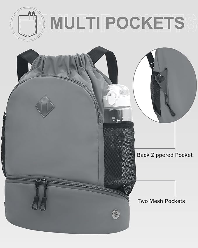 RHDZO Drawstring Backpack Gym Backpack with Shoe Compartment for Men Women String Sports Bag with Wet Pocket Cinch Swim Beach Bag, Large Gray