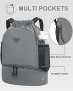 RHDZO Drawstring Backpack Gym Backpack with Shoe Compartment for Men Women String Sports Bag with Wet Pocket Cinch Swim Beach Bag, Large Gray