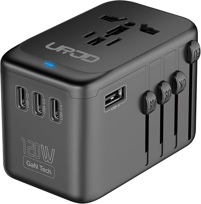 Universal Travel Adapter 120W GaN Fast Charger, 4 USB C 1 USB-A & 2500W AC Outlet, International Power Adapter for Europe UK US 200+ Countries, Compatible for MacBook iPhone iPads Laptop Phone