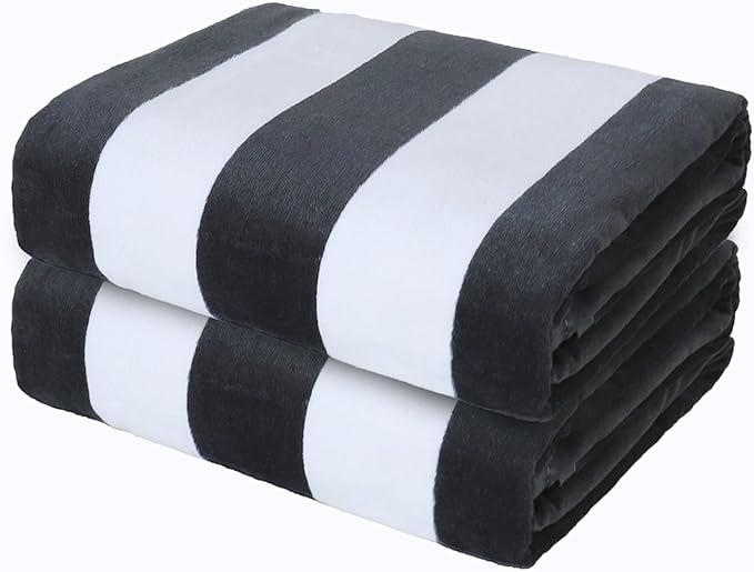 Exclusivo Mezcla 2 Pack Cotton Large 30x60 Inches Cabana Stripe Beach Towels, Super Absorbent Soft Plush Pool Bath Towel (Charcoal Grey)