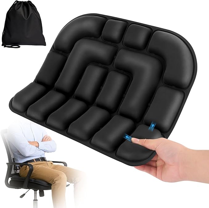 Seat Cushion, Office Chair Cushion with Storage Bag, Travel Seat Cushion for Airplane, Press Type Air Inflatable Airplane Seat Cushions for Plane, Car, Office (Double-Sided Black, Round)