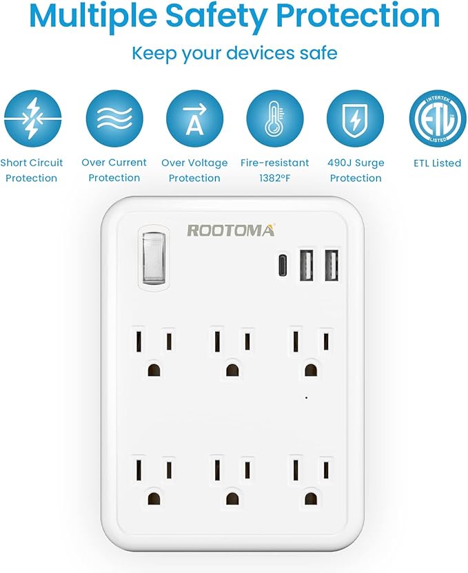 USB Wall Outlet Extender with On Off Switch, Surge Protector Outlet,6 AC Multi-Plug with 3 USB Ports (1 USB C), 490 Joules, Flat Socket Splitter with Spaced Outlet for Home, Office, College