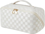 EACHY Travel Makeup Bag, Large Capacity Cosmetic Bag for Women, Waterproof PU Leather, Flat Open Portable Toiletry Bag for Skincare, Brushes & Travel Essentials