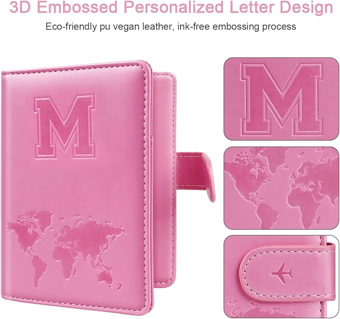 Passport Holder Cover Initail Letter A-Z Travel Wallet Embossed Design RFID Blocking Card Holder Personalized Gift Passport Cover Wallet, Passport Book Holders for Women and Girls, Pink-M