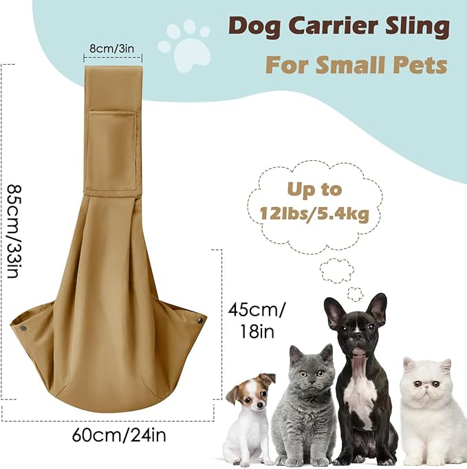 Pawaboo Small Dog Sling Carrier, Reversible Hands Free Dog Sling Carriers for Small Dogs and Cats, Puppy Slings Carrier with Safety Harness, Puppy Essentials, Khaki