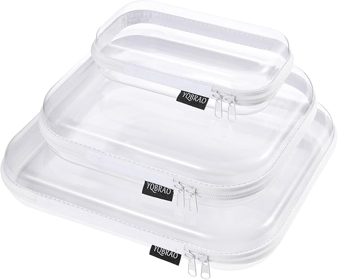 YQBRAO 3-Pack Clear Hard Shell Zipper Case, 1.2mm Heavy-Duty Crush-Proof Makeup Bag, Multi-Size Set (L+M+S) for Diaper Bag Organizer, Toys, Art Supplies & TSA Approved Clear Zipper Pouches