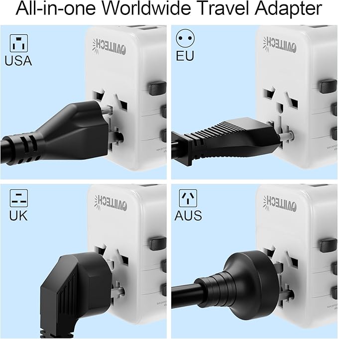 Oviitech 28W Universal Travel Adapter,Power Adapter with 5 USB Ports - All-in-one USA, UK, AUS, EU Plugs for Worldwide Use(White).