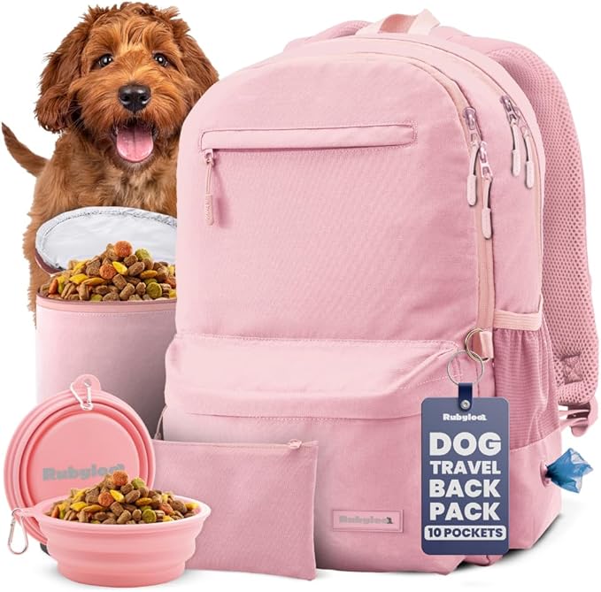 Dog Travel Bag for Supplies - Complete Dog Diaper Bag Backpack with 2 BPA-Free Travel Bowls, Treat Pouch, Food Container, Placemat & Laptop Sleeve – for Traveling, Road Trips, Hiking: Dusty Pink