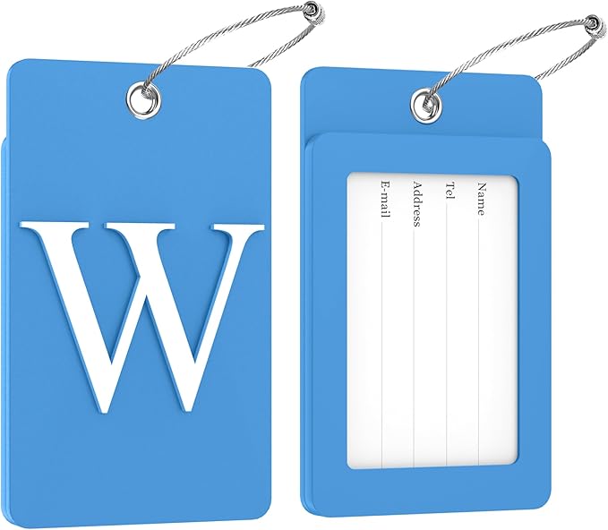 Gostwo 2 Pack Luggage Tags for Suitcases, 26 Initial Letter Travel Luggage Baggage Identification Labels ID Tag Fully Bendable Tags with Stainless Steel Loop (Blue) (Letter W)