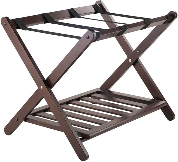 Furnifact Solid Wood Luggage Rack for Guest Room with Foldable Design, Lower Shoe Shelf, Thick Nylon Straps, and Cappuccino Finish, Elegant Suitcase Stand