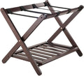 Furnifact Solid Wood Luggage Rack for Guest Room with Foldable Design, Lower Shoe Shelf, Thick Nylon Straps, and Cappuccino Finish, Elegant Suitcase Stand