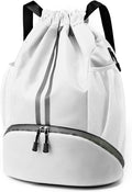 Valleycomfy Sports Drawstring Backpack - Water Resistant String Bag with Shoe Compartment Gym Backpack for Women & Men White