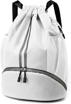 Valleycomfy Sports Drawstring Backpack - Water Resistant String Bag with Shoe Compartment Gym Backpack for Women & Men White