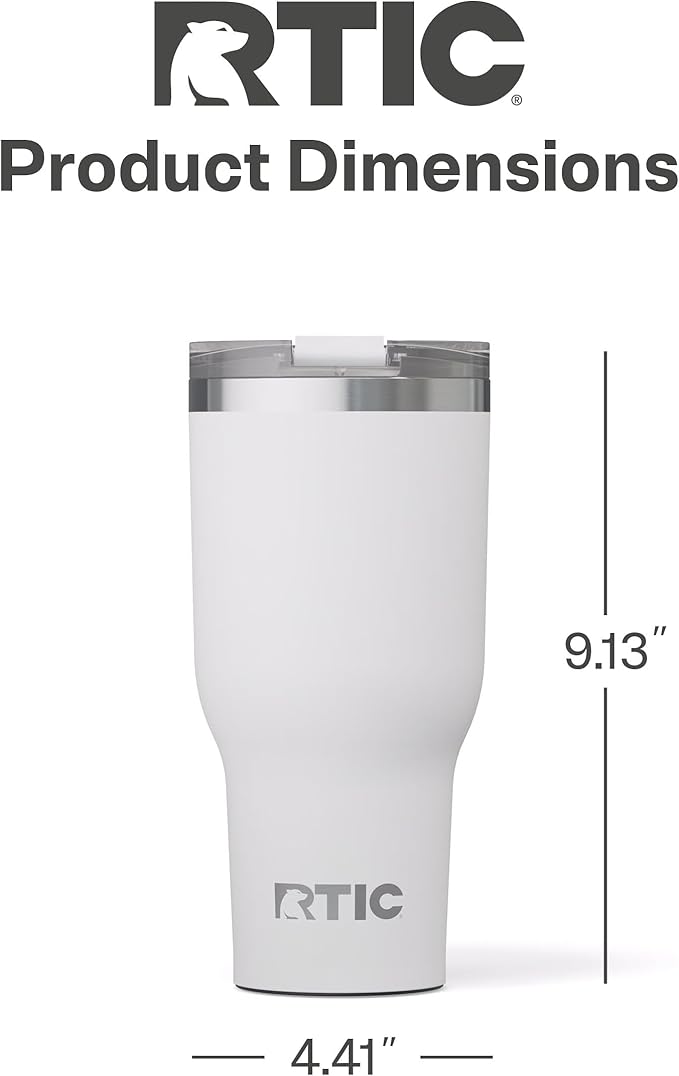 RTIC 40oz Essential Tumbler with Lid, Ceramic Lined, Insulated, Stainless Steel, Metal, Double Wall Vacuum-Insulation, Travel Cup for Iced Coffee, Tea, Hot and Cold Drink, White