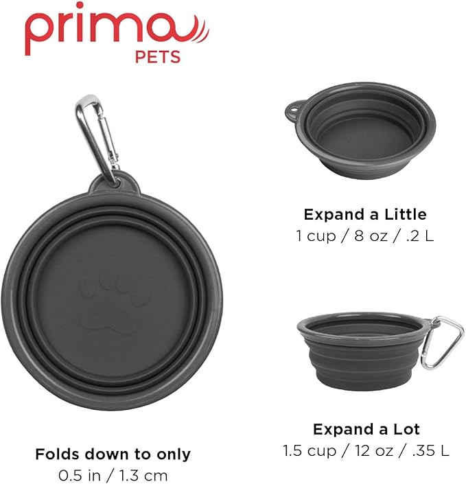 Prima Pet Collapsible Silicone Water Travel Bowl with Clip for Dog and Cat, Portable and Durable Pop-up Feeder for Convenient On-the-go Feeding - Size: Small (1.5 Cups) Grey