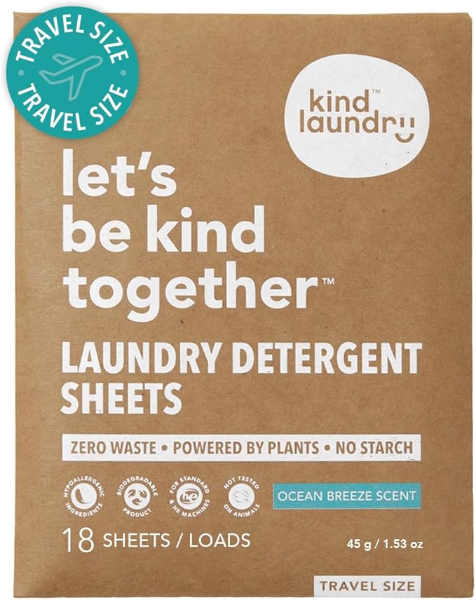 Kind Laundry Detergent Sheets – 18 Loads Ocean Breeze, EWG Verified, No Residue After Wash, Eco Plastic-Free Liquidless Laundry Soap, Non-Toxic Formula, for Sensitive Skin, Travel & Dorm Friendly