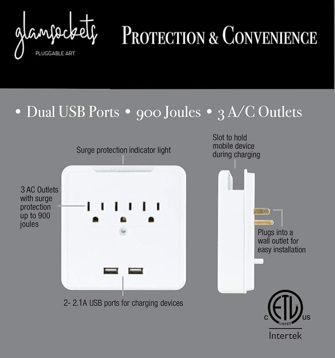 Glamsockets Decorative Wall Mount Surge Protector with 3 Outlets, Dual USB Charging Ports and Phone Holder - USB Charging Center/Multi Function Wall Tap (Abstract Vines)