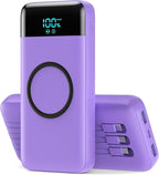 Wireless Portable Charger 40800mAh with 3 Built-in Cables,7-in-1 15W Wireless Charging Power Bank,25W PD QC 4.0 Fast Charging USB C LCD Display Battery Pack for iPhone 16/15/13,Samsung,Android-Purple