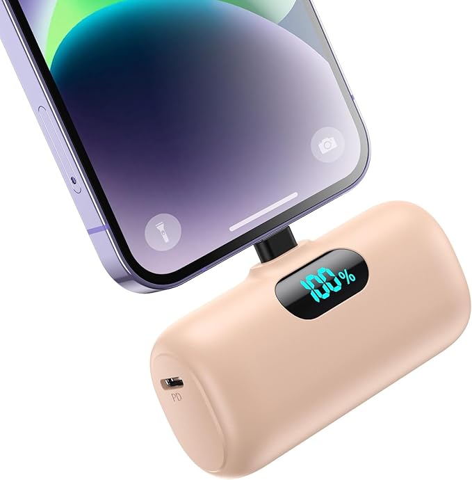 Small Portable Charger for iPhone,5000mAh PD Fast Charging Power Bank, Mini Plug-in Battery Pack Backup Charger Compatible with iPhone 14/14 Pro Max/13/13 Pro/12 Pro/11/XS/XR/X/8/7/6 etc- Light Orange