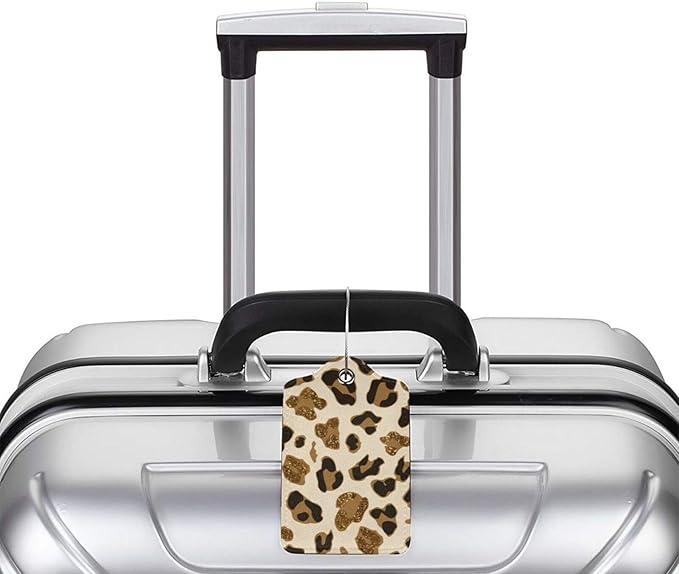 2 Pack Luggage Tags for Suitcases, PU Leather Bag Tag with Privacy Cover Address Card Travel Essentials-Gold Leopard Cheetah